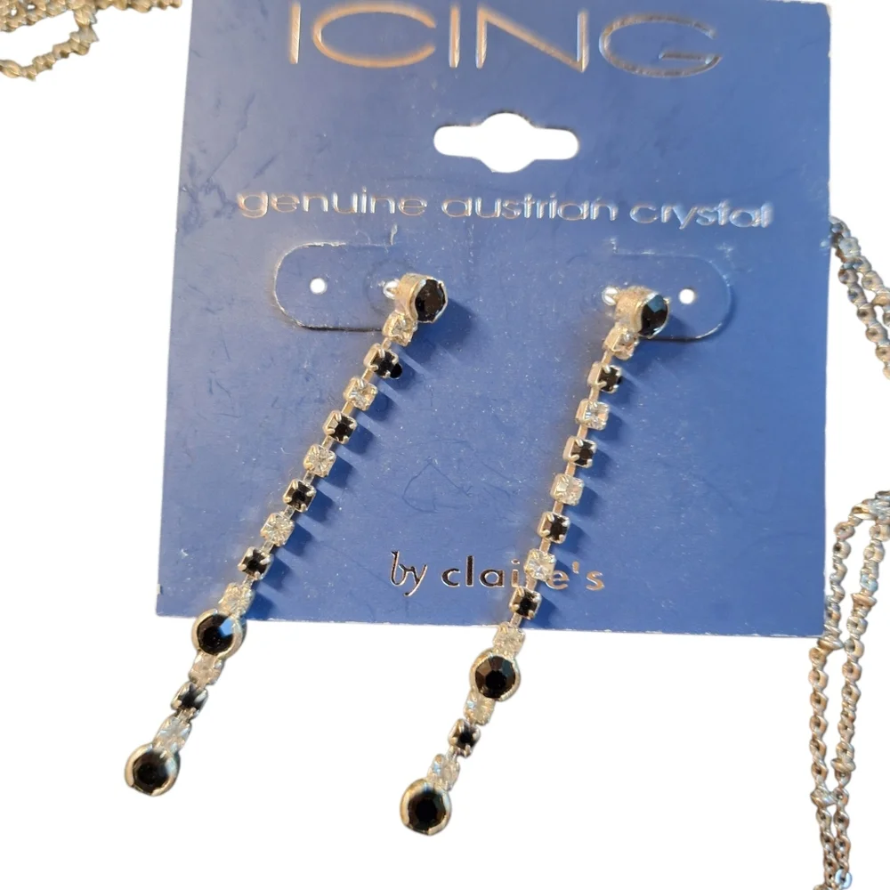 ICING Long Silver Toned Austrian Crystal Earrings & Station Necklace BLING ICE
